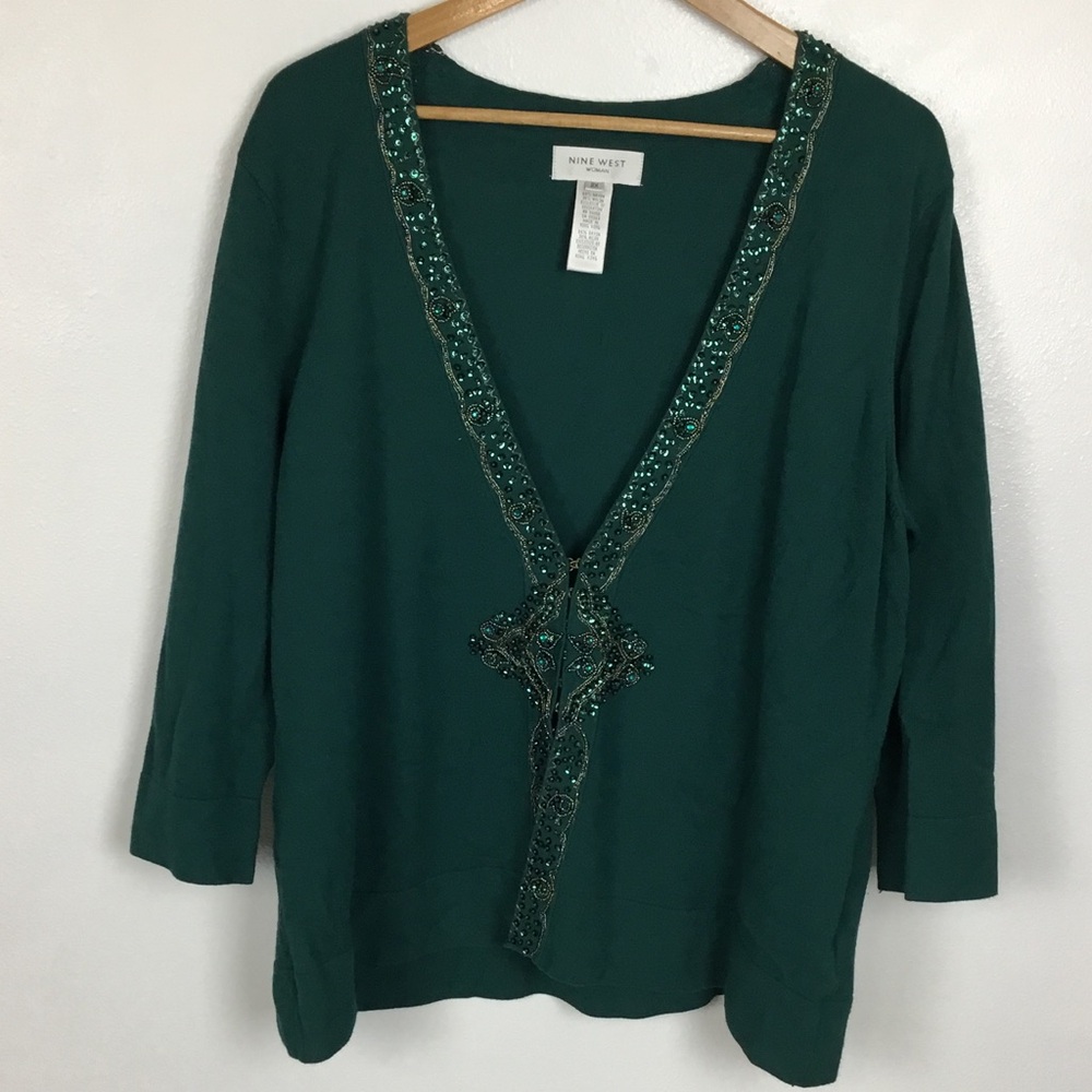 Nine West Woman Green BeadWork Cardigan Sweater 2X